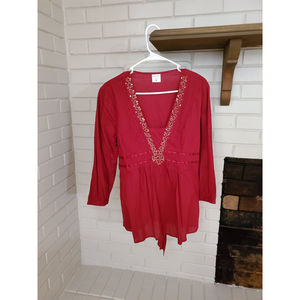 Motherhood Maternity blouse floral trim maroon, ribbon